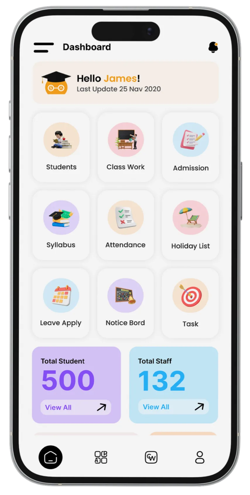 ERP SchoolAura Teacher & Admin App features screen